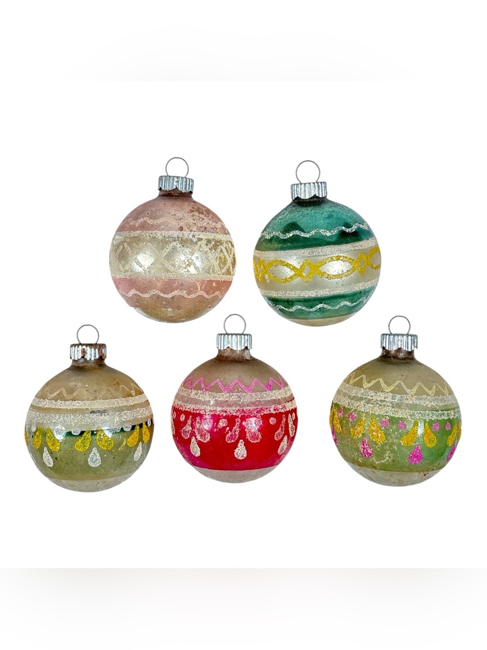5 Vintage 2" Shiny Brite Mica Stencil Glass Christmas Ornaments Balls Multicolor